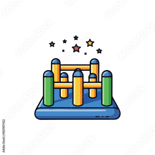 Illustration of a colorful inflatable bouncy castle with yellow, green, and blue elements, adorned with star decorations above.