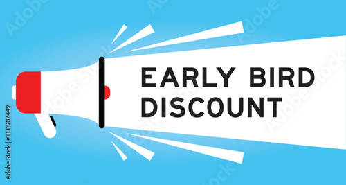 Color megaphone icon with word early bird discount in white banner on blue background