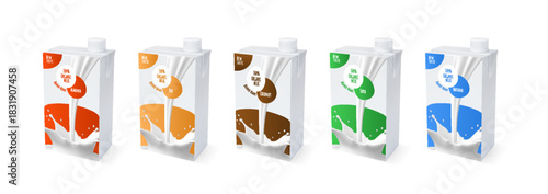 Realistic milk boxes different tastes vector set, 3D cardboard template for natural, coconut, almond, oat, soya products
