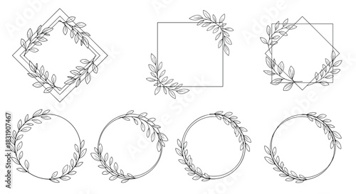 Set of elegant hand-drawn floral frames and wreaths with delicate leaves, perfect for wedding invitations and logo design.