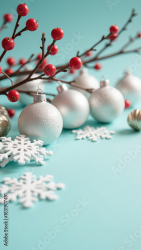 Bright and festive holiday decorations featuring silver ornaments, red berries, and white snowflakes turquoise background create cheerful