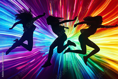 AI Generated - Three women jumping in the air with colorful lights in the background, creating a vibrant and dynamic atmosphere. Commercial illustration artwork. Illustration. High-resolution.