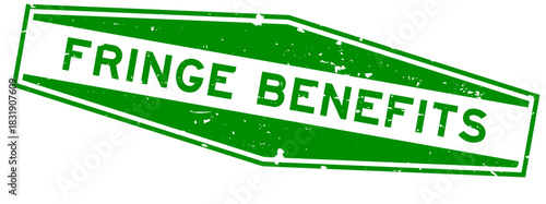 Grunge green fringe benefits word hexagon rubber seal stamp on white background