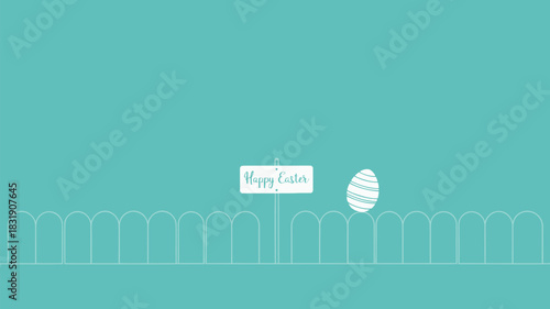 Minimalist happy easter greeting with a striped egg and fence on a teal background