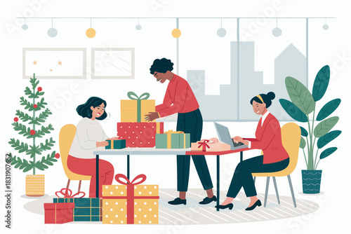 Coworkers Wrapping Gifts Office Bold High-Quality Stock Image Perfect for Editorial Content
