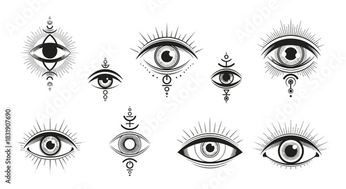 Collection of mystical all-seeing eye symbols in a detailed black and white engraving style, featuring esoteric and magical elements.