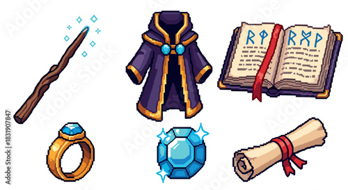 Pixel art set of fantasy wizard items including a magic wand, robe, spellbook, ring, gem, and scroll, representing RPG game assets