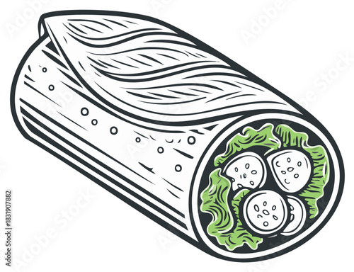 Hand drawn burrito or shawarma wrap with fresh vegetables in a retro engraving style illustration