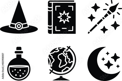 Magic Wizard Icons Set with Hat,Spellbook,Wand, Potion,Globe and Moon,Fantasy Magic Icons Set,Stars and Wizard Hat,Potion and Moon Stars,Magic Tools and Celestial Objects,Flat Black Magic Icons,Ai