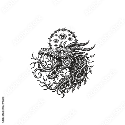Surreal Gothic illustration of a fierce dragon monster head with exposed teeth, surrounded by thorny vines and a background disk filled with multiple eyes