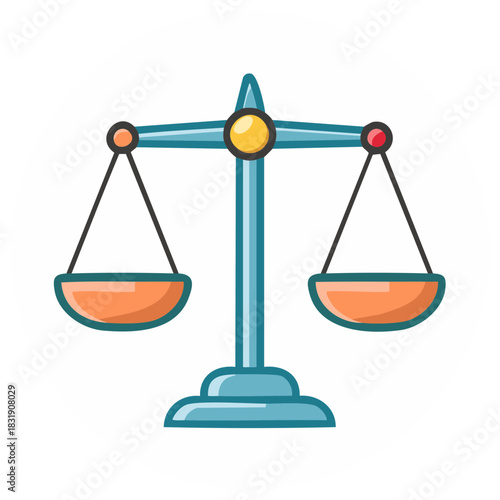 Cartoon balance scale with two orange pans and blue support structure symbolizing justice and equilibrium