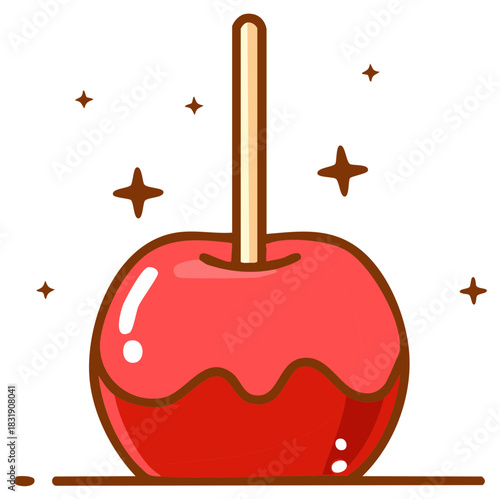 Illustration of Caramel Apple with Wooden Stick Surrounded by Stars Ready to Eat