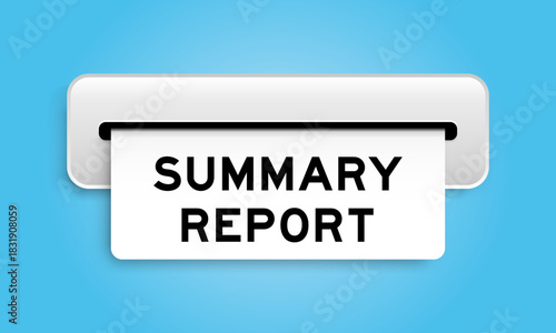 White coupon banner with word summary report from machine on blue color background