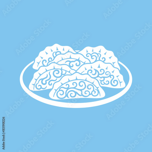 A plate of dumplings, a traditional Asian cuisine, presented in a white illustration.