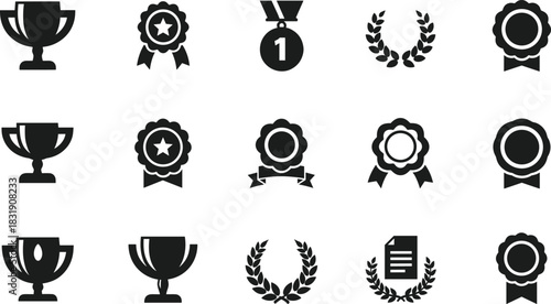 Set of fifteen black silhouette award and achievement icons: trophies, medals, rosettes, and laurel wreaths representing success, victory, premium quality, and certification.