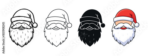 Set of four cartoon Santa Claus head icons in sketch, outline, silhouette, and color styles, a festive holiday vector illustration collection