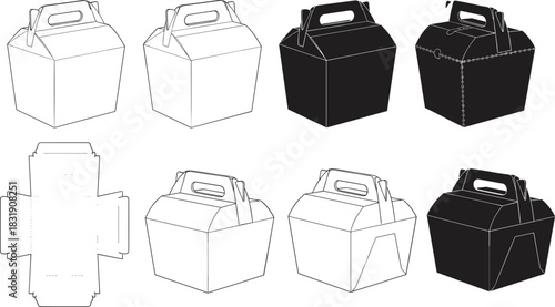 set of eight vector illustrations for a handled gable box including 3d views, silhouettes, and die-cut template, representing packaging design, takeaway, gift, and food delivery concepts, isolated gra