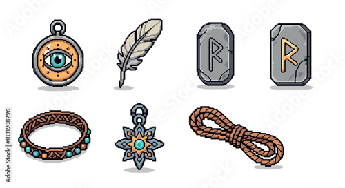 Pixel art set of fantasy game assets including an eye amulet, feather, stone rune, rope, and magical jewelry for an RPG adventure,