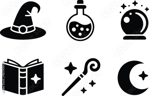 Magic Wizard Icons Set with Hat,Spellbook,Wand, Potion,Globe and Moon,Fantasy Magic Icons Set,Stars and Wizard Hat,Potion and Moon Stars,Magic Tools and Celestial Objects,Flat Black Magic Icons,Ai