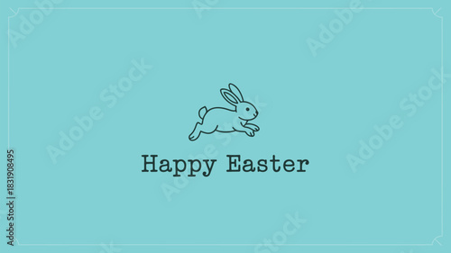 Simple and charming line art illustration of a happy easter bunny hopping across a pastel blue background with decorative corner elements