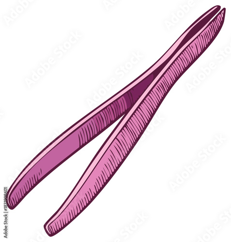 Pink cosmetic tweezers for eyebrow grooming in a hand-drawn sketch style illustration.