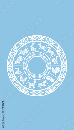 White circular illustration of the Chinese zodiac wheel with twelve animal signs on a light blue background.