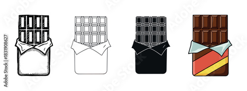 Set of four chocolate bar illustrations in different artistic styles including hand-drawn sketch, simple outline, black silhouette, and full color cartoon,