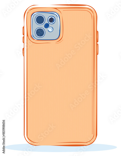 Illustration of a cell phone with orange case and camera lens on the back