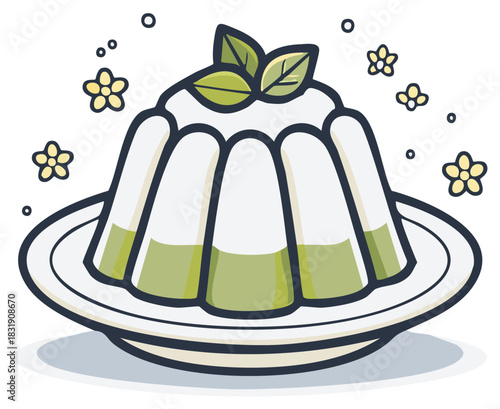 Delicious layered jelly dessert with mint leaves and decorative flowers on a plate