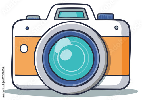 Cute cartoon illustration of a modern digital photo camera with a large lens