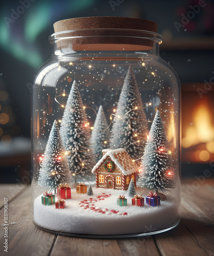 Wallpaper Mural Magical Christmas Snow Globe Jar with Gingerbread House, Pine Trees, and Sparkling Fairy Lights on a Wooden Table Torontodigital.ca