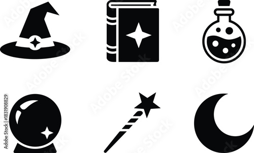 Magic Witch Hat, Potion Bottle, Crystal Ball and Spell Icons Set,Fantasy Magic Elements Collection,Magical Tools Icons Including Spellbook,Potion and Crystal Ball,Minimalist Wizard and Spell Icons,Ai