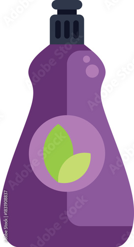 Purple plastic bottle with a green leaf logo is standing, suggesting eco friendly dishwashing liquid for clean dishes