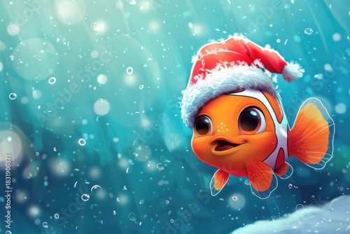 Funny fish in festive hat swims joyfully, ideal for beach holiday promotions and tropical greeting cards