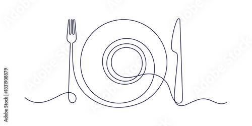 Plate with fork, knife. Continuous one line symbol