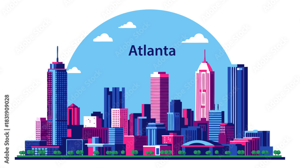 Fototapeta premium Vibrant Atlanta City Skyline Vector Illustration Featuring Modern Architecture and Urban Landscape at Sunset
