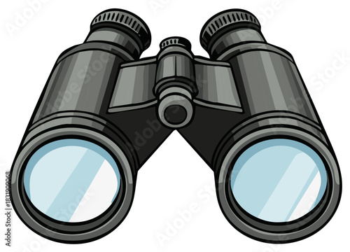 Cartoon binoculars focusing faraway, exploration and surveillance equipment close-up, perspective illustration, vector