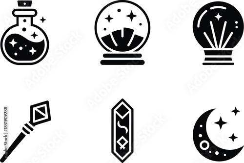 Magic Witch Hat, Potion Bottle, Crystal Ball and Spell Icons Set,Fantasy Magic Elements Collection,Magical Tools Icons Including Spellbook,Potion and Crystal Ball,Minimalist Wizard and Spell Icons,Ai
