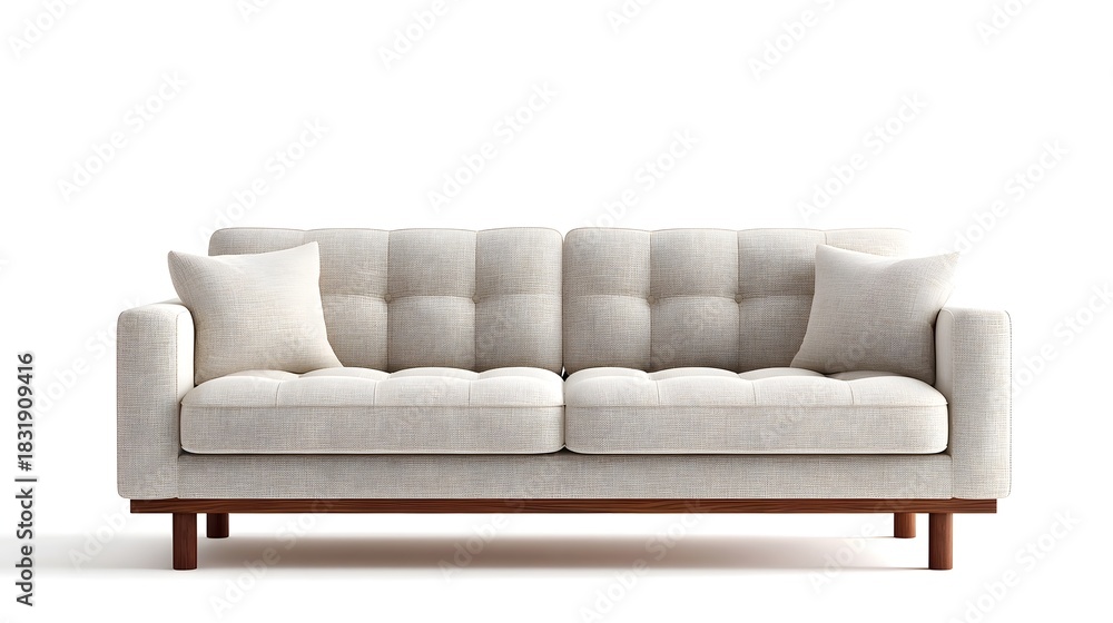 Obraz premium A stylish and comfortable tufted beige fabric sofa featuring plush seat and back cushions two throw pillows and a simple wooden frame with tapered legs perfect for modern interiors