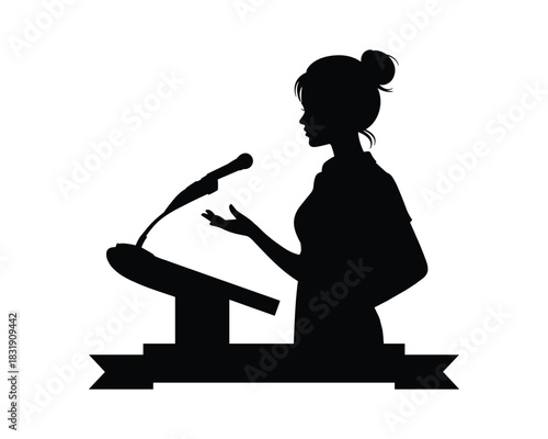 Woman giving a speech at a podium silhouette illustration
