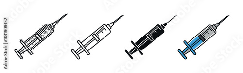 Medical syringe icon set with four variations including a hand-drawn barbed wire style, simple outline, black glyph, and a color version with blue liquid isolated on white