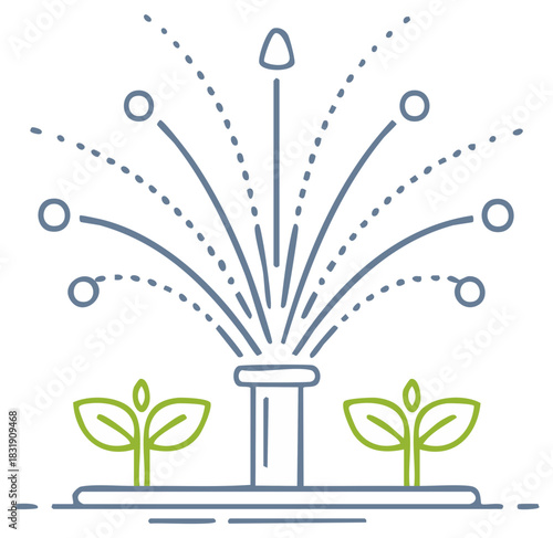 Automated garden irrigation system watering young plants with water spray