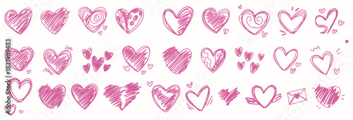 A playful collection of hand-drawn heart doodles in pink, featuring various sketchy heart shapes, mini hearts, and love-themed elements. Ideal for Valentine’s Day cards, stickers, greeting designs, an