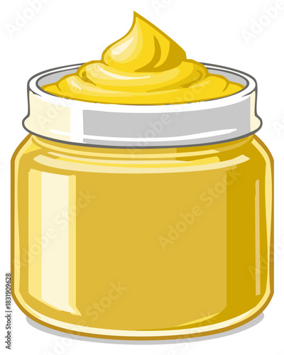 Jar with yellow mustard filling Vector Illustration. Pungent condiment is displayed inside a glass jar with white lid.