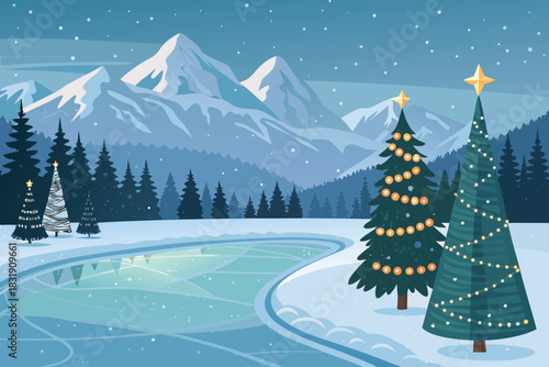 Elegant Frozen Lake With Christmas Trees And Creative Visual