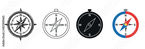 Four compass icons in various styles including hand-drawn sketch, line art, solid black, and modern flat color, representing navigation, direction, and travel, isolated on white