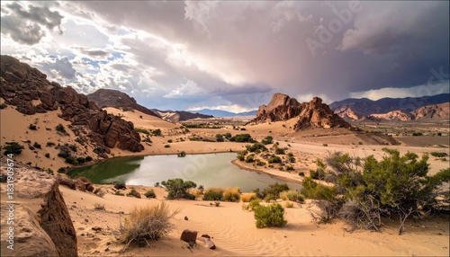 Fototapeta Naklejka Na Ścianę i Meble -  A scenic landscape featuring a lake surrounded by sand dunes and rock formations under a dramatic, cloudy sky. The scene evokes a sense of vastness and natural