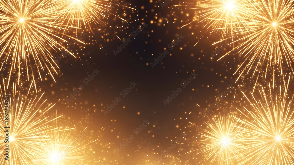 Naklejka premium Golden fireworks display frame with dark center for text or graphic overlay