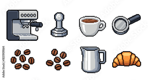 Pixel art coffee making equipment icons set including an espresso machine, tamper, portafilter, cup, beans, milk pitcher, and croissant in a retro 8-bit video game style isolated on white
