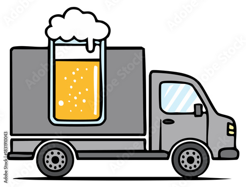 Cartoon delivery truck with a giant glass of beer as cargo illustration